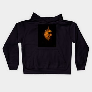 Portrait, digital collage and special processing. Devil face, side. Horn and lava texture. Yellow and green. Kids Hoodie